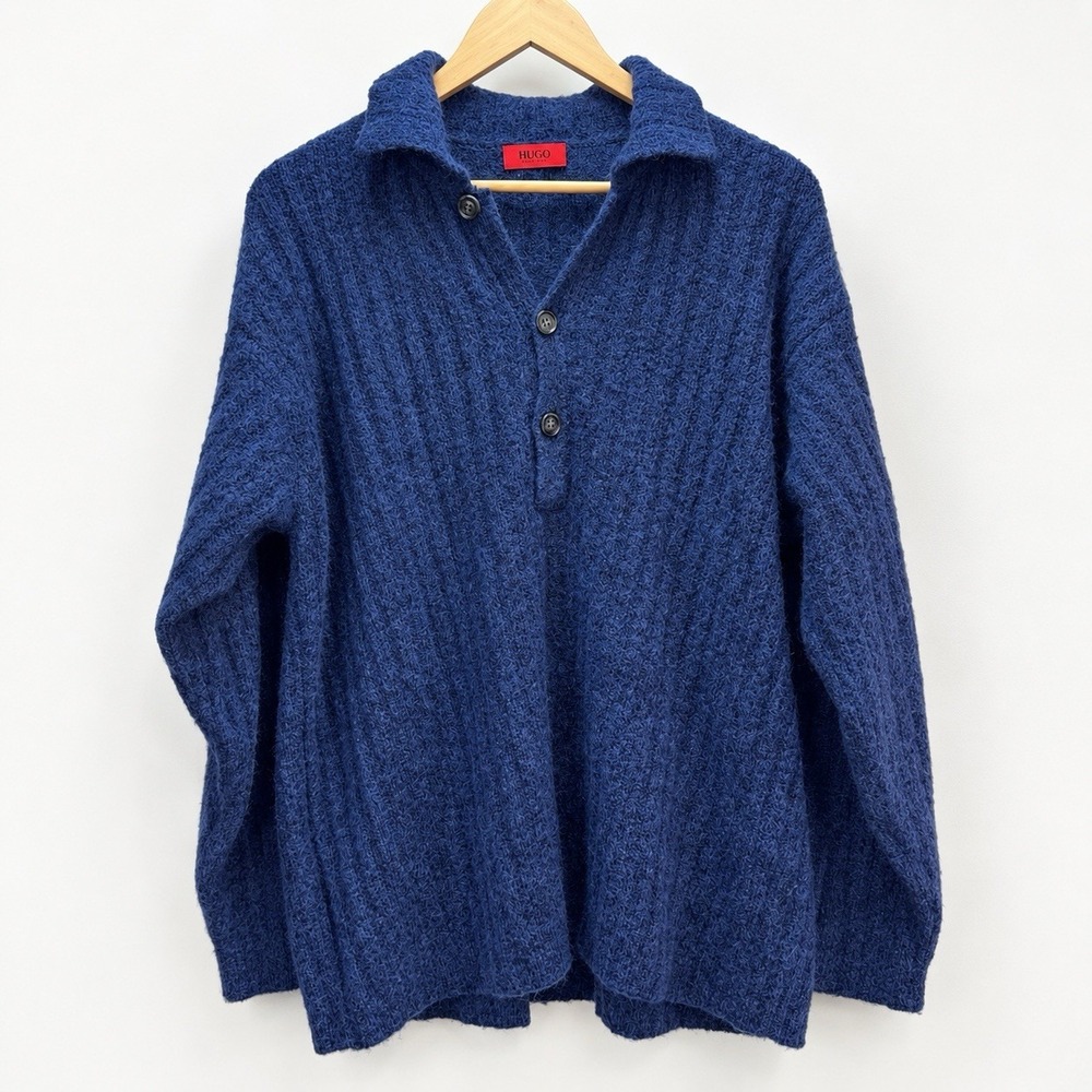 HUGO Boss Men's Medium Blue Mohair Wool Blend Oversized Polo Collar Sweater